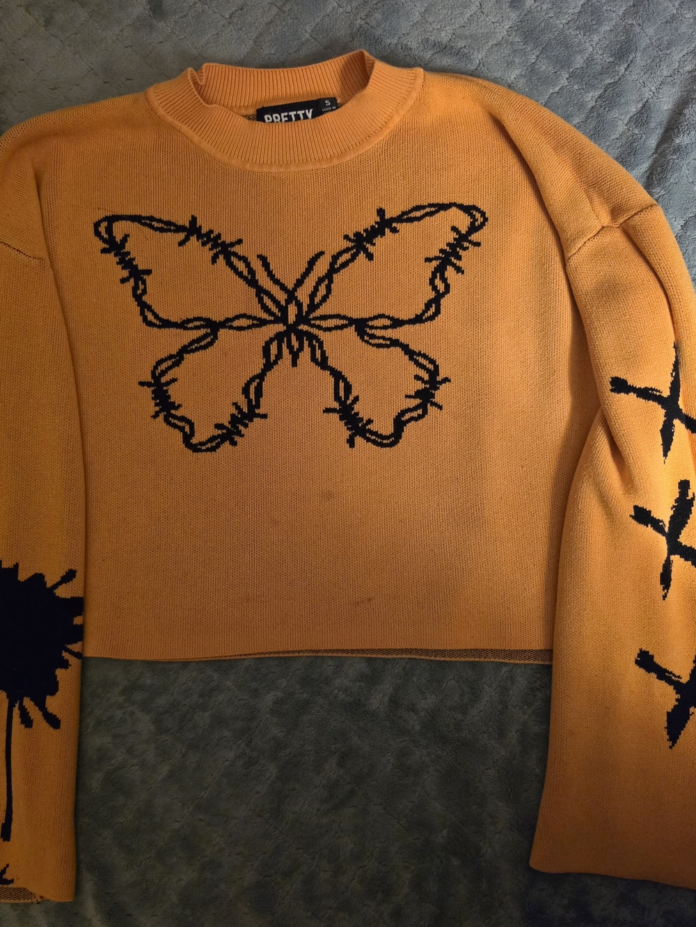 Pretty Damage Orange Barbed Wire Butterfly Knit Crop Sweater S